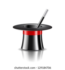 Magic hat and magic wand on white background. Vector illustration