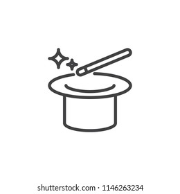 Magic hat and wand outline icon. linear style sign for mobile concept and web design. Trick simple line vector icon. Symbol, logo illustration. Pixel perfect vector graphics