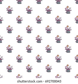 Magic hat with magic wand pattern in cartoon style. Seamless pattern vector illustration