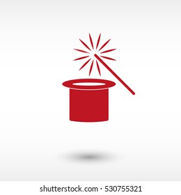 Magic hat and wand - red vector  icon with shadow