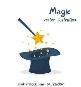 Magic hat and wand with sparkles. Abracadabra cartoon. Magical stars glow. Vector illustration flat design. Isolated on white background. Tricks, focus and illusions.