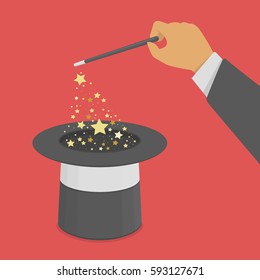 Magic hat and wand with sparkles. Focus, illusion, legerdemain and tricks concept. Vector illustration in flat style. EPS 10. 