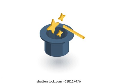 Magic hat and wand with sparkles isometric flat icon. 3d vector colorful illustration. Pictogram isolated on white background