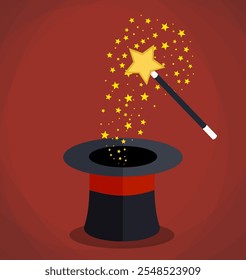 Chapéu mágico e varinha com brilhos e estrelas. ilustração vetorial em design plano no fundo vermelho