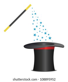 Magic hat and wand with sparkles. Vector illustration
