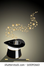 Magic hat and wand with sparkles. vector