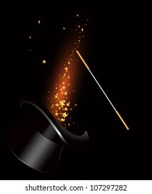 Magic hat and wand with stars. Vector illustration