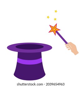 Magic hat and wand with stars. Vector illustration of magician hat and magic wander. 