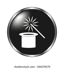 Magic hat and wand - vector icon; black button