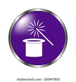 Magic hat and wand - vector icon; violet button