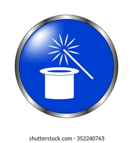 Magic hat and wand - vector icon on the blue button