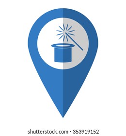 Magic hat and wand - vector icon; blue map  pointer