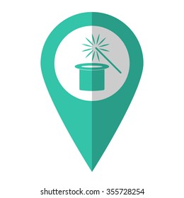 Magic hat and wand - vector icon;  green map pointer
