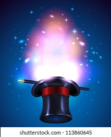 Magic hat and wand - vector illustration.