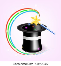 Magic hat with magic wand. Vector illustration