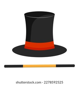 Magic hat and wand. Vector illustration.