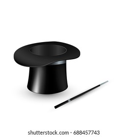 Magic hat and wand. Vector illustration isolated on white