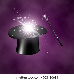 Magic hat and wand. Vector illustration on purple background with smoke