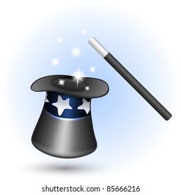 Magic hat with magic wand. Vector illustration