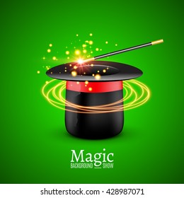 Magic Hat with Magic wand. Vector Magician perfomance. Wizzard show background.