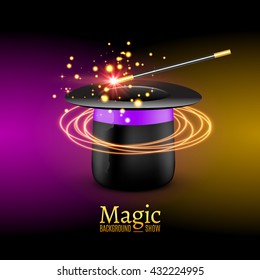 Magic Hat with Magic wand. Vector Magician perfomance. Wizzard show background.