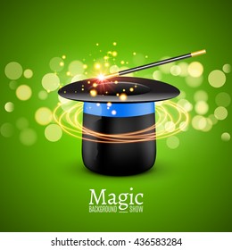 Magic Hat with Magic wand. Vector Magician perfomance. Wizzard show background.