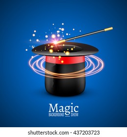 Magic Hat with Magic wand. Vector Magician perfomance. Wizzard show background.