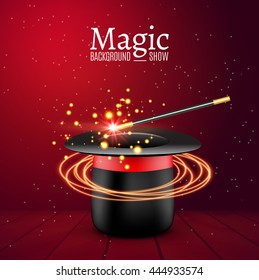 Magic Hat with Magic wand. Vector Magician perfomance. Wizzard show background.