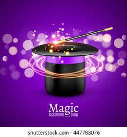 Magic Hat with Magic wand. Vector Magician perfomance. Wizzard show background.