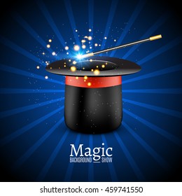 Magic Hat with Magic wand. Vector Magician perfomance. Wizzard show background.