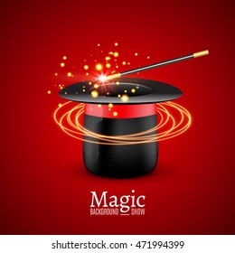 Magic Hat with Magic wand. Vector Magician perfomance. Wizzard show background.