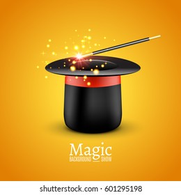 Magic Hat with Magic wand. Vector Magician perfomance. Wizzard illusionist show background.