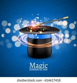 Magic Hat With Magic Wand. Vector Magician Perfomance. Wizzard Illusionist Show Background.