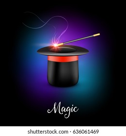 Magic Hat with Magic wand. Vector Magician perfomance. Wizzard show background