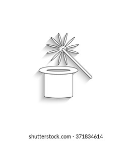 Magic hat and wand - white vector icon with  shadow