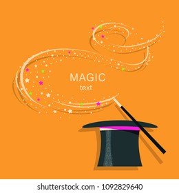 Magic hat and magic wand.Vector background illustration for text or design