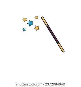 Magic hat and wizard wand with blinking stars. Magical spell illustration