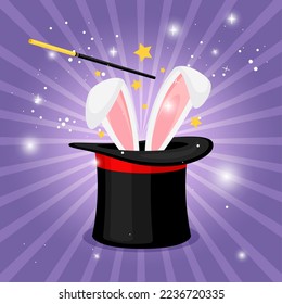 Magic hats with bunny ears. Magician hat with rabbit. Circus show, abracadabra wand. Vector illustration about wizard conjure cylinder and magic rabbit in hat, bunny trick