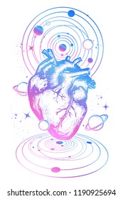 Magic heart in space tattoo. Symbol of love, philosophy, psychology, imagination, dream. Surreal heart t-shirt design. Anatomic heart among galaxies and planets 