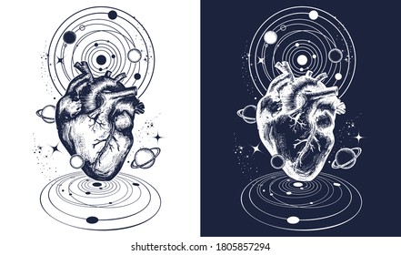 Magic heart in space tattoo. Symbol of love, philosophy, psychology, imagination, dream and poetry t-shirt design. Black and white vector graphics 