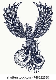 Magische Hitzevögel Tattoo und T-Shirt Design. Symbol für Wiederbelebung, Regeneration, Leben und Tod. Phoenix-Kunst