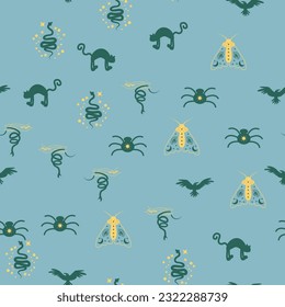 Magic and heaven seamless pattern, with magical elements such as snake, eye, tarot cards, hand, skull, potion, moon, butterfly, mushrooms, stars. Symbols and elements of the witchcraft theme.