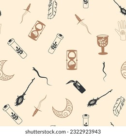 Magic and heaven seamless pattern, with magical elements such as snake, eye, tarot cards, hand, skull, potion, moon, butterfly, mushrooms, stars. Symbols and elements of the witchcraft theme.