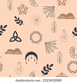 Magisches und himmlisches Muster mit magischen Elementen wie Schlange, Auge, Tarot Karten, Hand, Schädel, Tränke, Mond, Schmetterling, Pilze, Sterne. Symbole und Elemente des Hexerei-Themas.