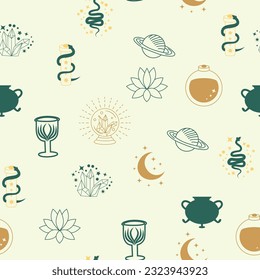 Magic and heaven seamless pattern, with magical elements such as snake, eye, tarot cards, hand, skull, potion, moon, butterfly, mushrooms, stars. Symbols and elements of the witchcraft theme.