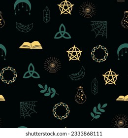 Magic and heaven seamless pattern, with magical elements such as snake, eye, tarot cards, hand, skull, potion, moon, butterfly, mushrooms, stars. Symbols and elements of the witchcraft theme.