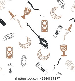 Magic and heaven seamless pattern, with magical elements such as snake, eye, tarot cards, hand, skull, potion, moon, butterfly, mushrooms, stars. Symbols and elements of the witchcraft theme.