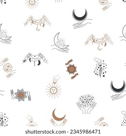 Magic and heaven seamless pattern, with magical elements such as snake, eye, tarot cards, hand, skull, potion, moon, butterfly, mushrooms, stars. Symbols and elements of the witchcraft theme.