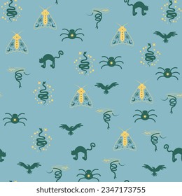 Magic and heaven seamless pattern, with magical elements such as snake, eye, tarot cards, hand, skull, potion, moon, butterfly, mushrooms, stars. Symbols and elements of the witchcraft theme.