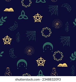 Magic and heaven seamless pattern, with magical elements such as snake, eye, tarot cards, hand, skull, potion, moon, butterfly, mushrooms, stars. Symbols and elements of the witchcraft theme.